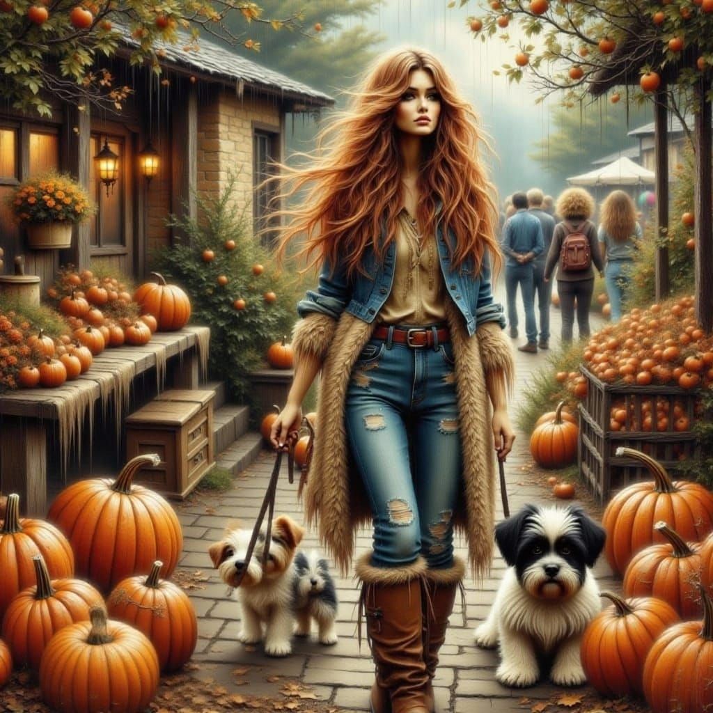 Woman Searches Outdoor Market for Pumpkin with Shih Tzu