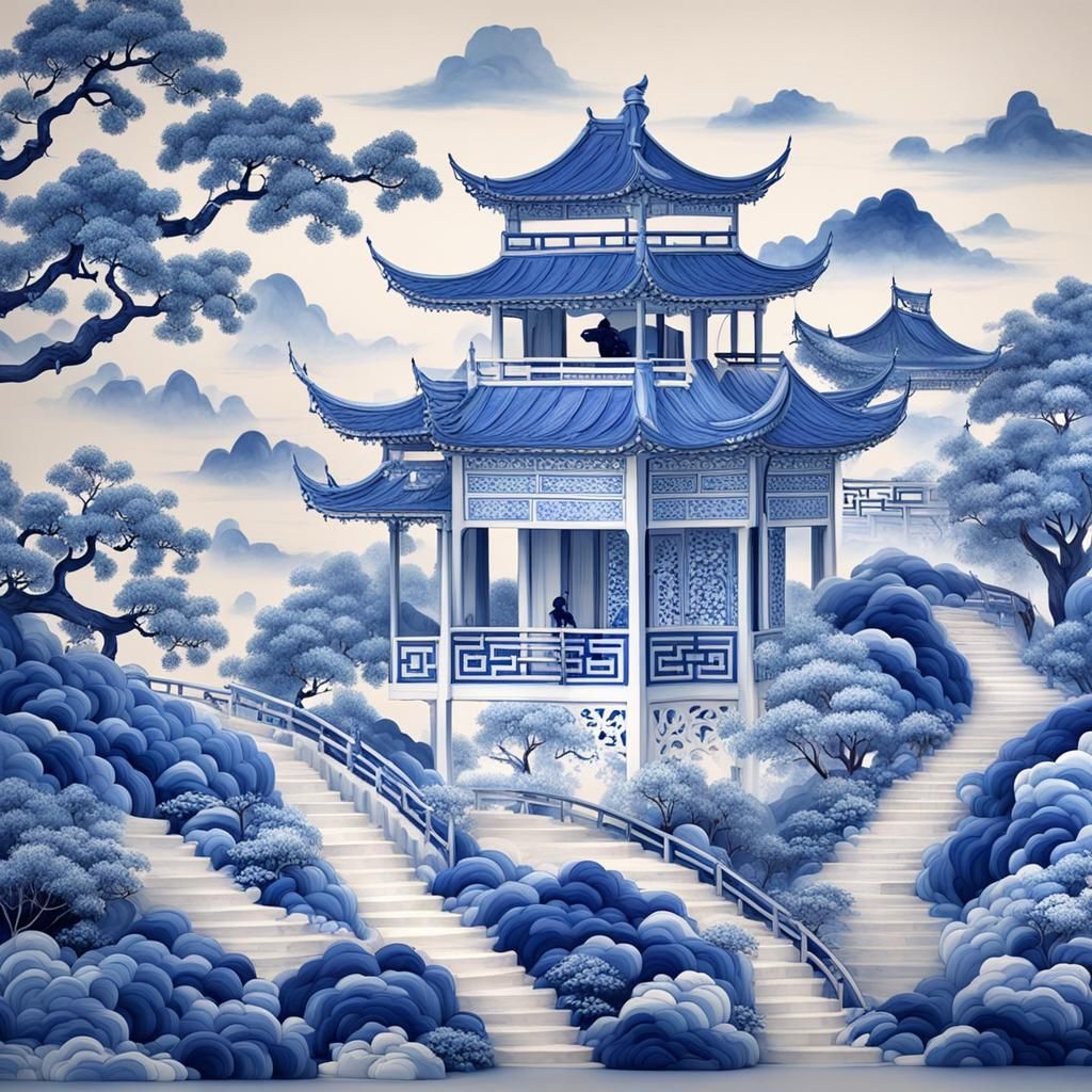 Blue and White Porcelain Landscape Splash Art