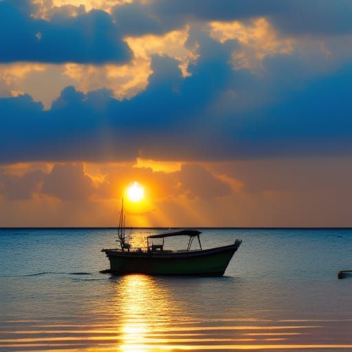 Jamaican Sunset with Fishing Boat Silhouette