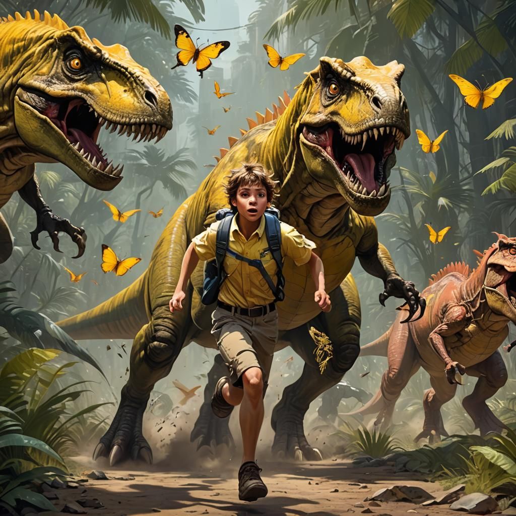 Frightened Child Running From T-Rex in Hyperdetailed Art