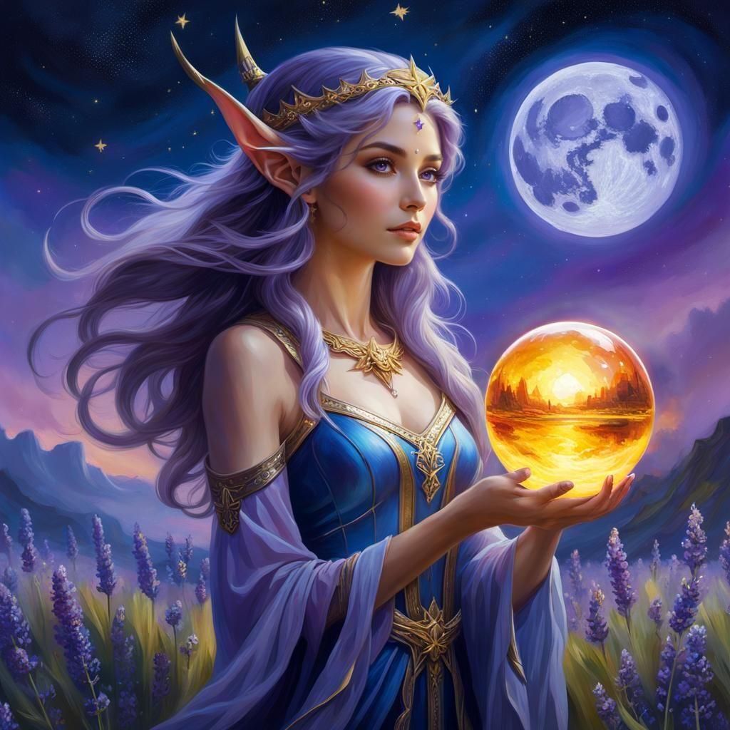 Enchantress Casting Spell Under Supermoon as Impasto Paintin...