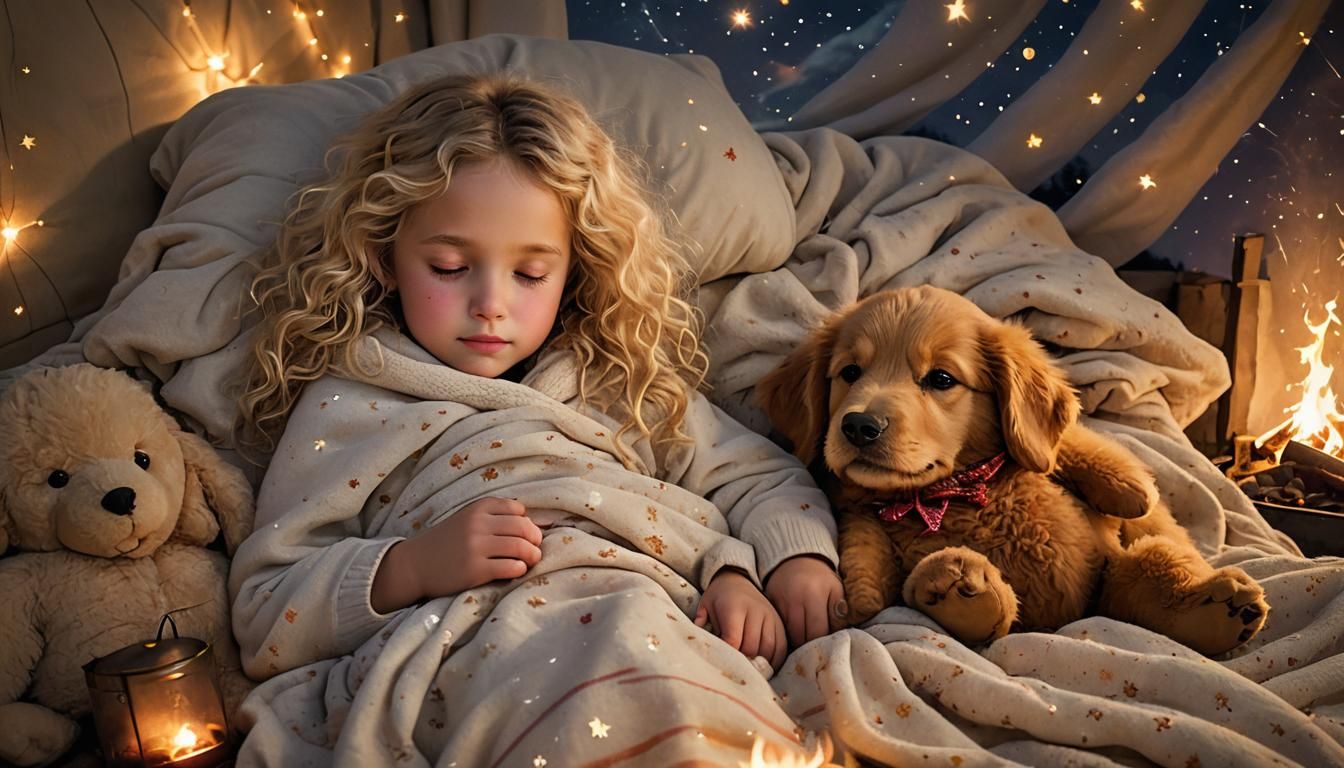 Girl, Puppy, and Teddy Bear Campfire Scene