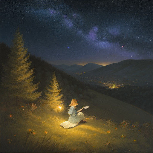 Enchanting Young Girl Seated on a Hillside Under a Whimsical...