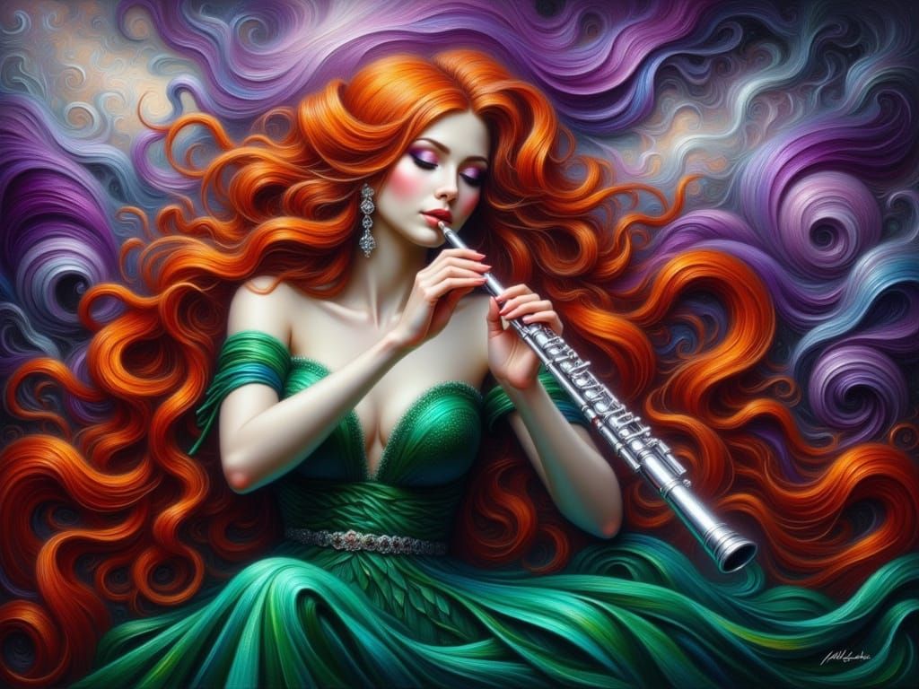Woman Plays Flute in Impasto Oil Painting
