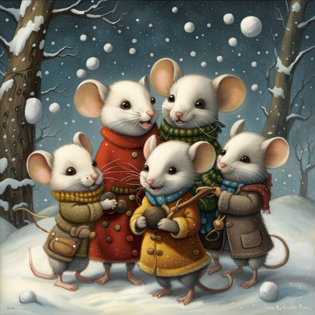 Mouse Family Snowball Fight in Whimsical Surreal Style