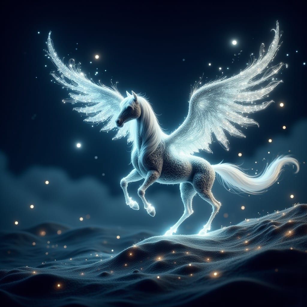 <lora:Fairy Lights:1.0> A Pegasus with uniquely detailed hol...