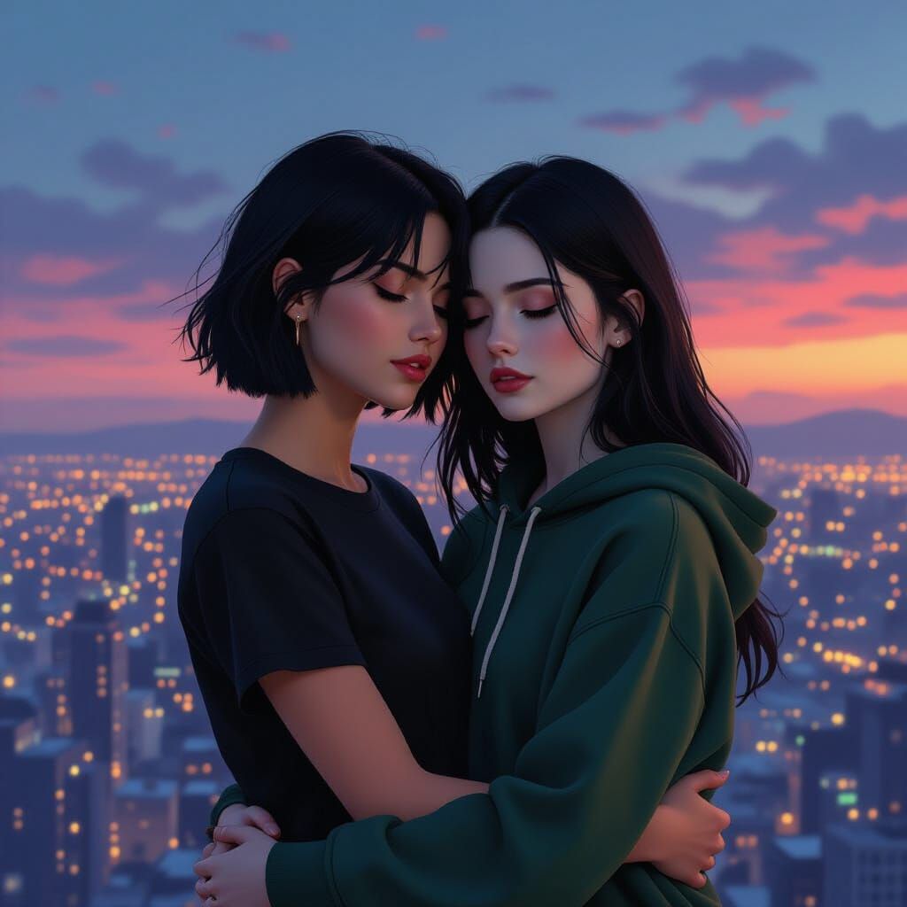 Romantic Cityscape Embrace with Cinematic Lighting