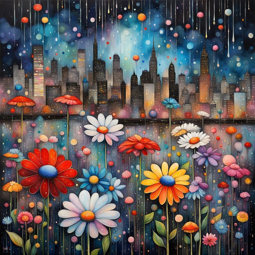 Floral Rain Over Night City: Digital Art
