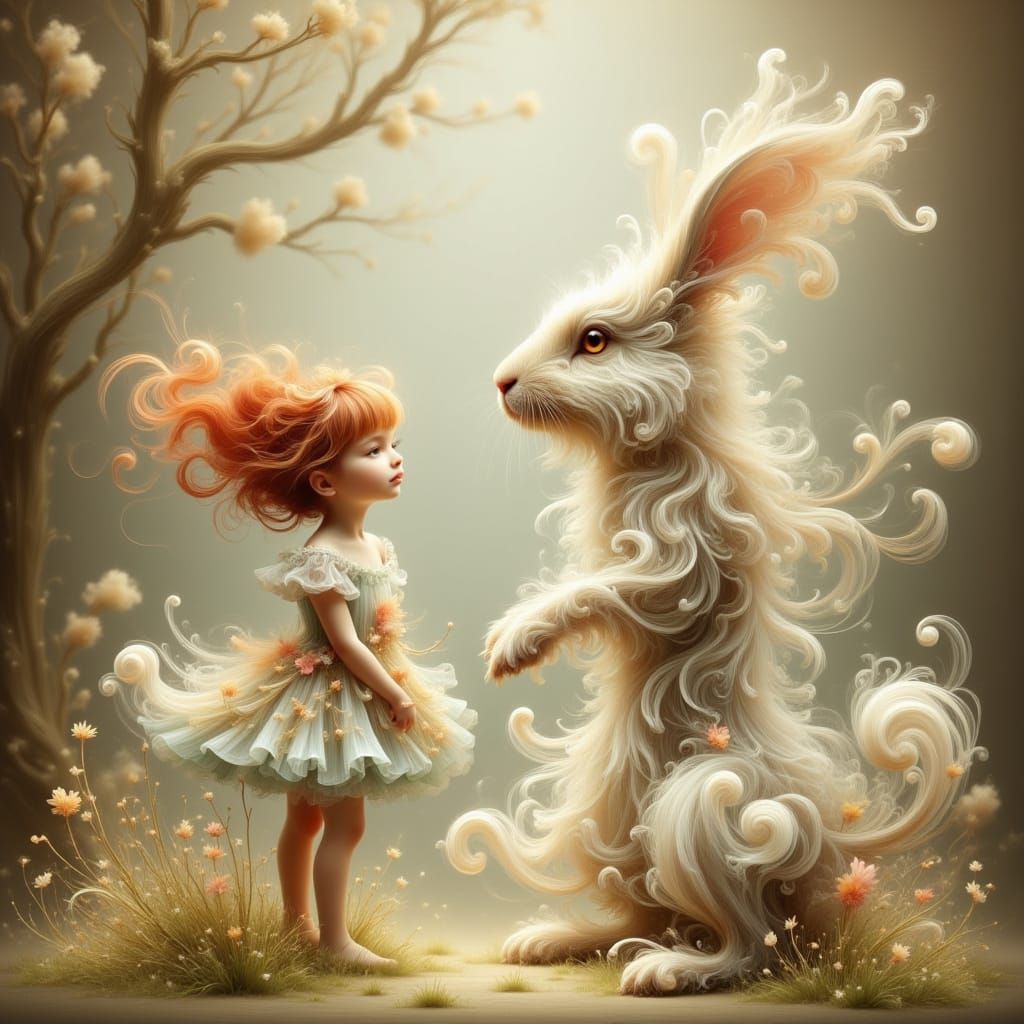 Whimsical Fantasy: Girl and Rabbit in Beatrix Potter Style