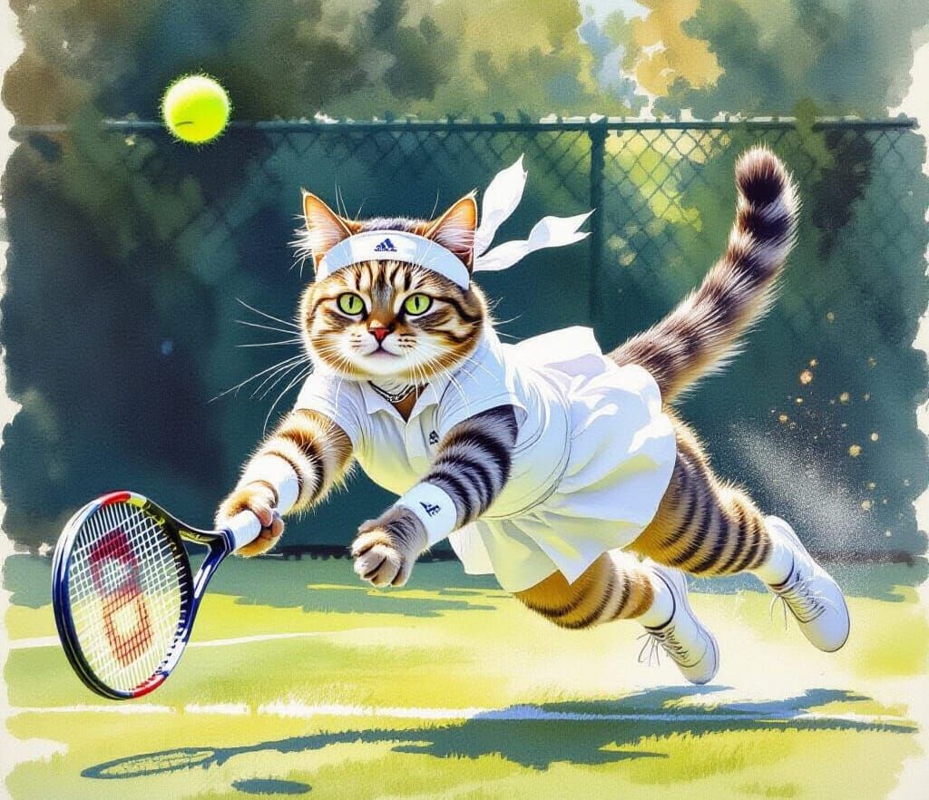 Tennis Cat Watercolor Art Mid-Dive