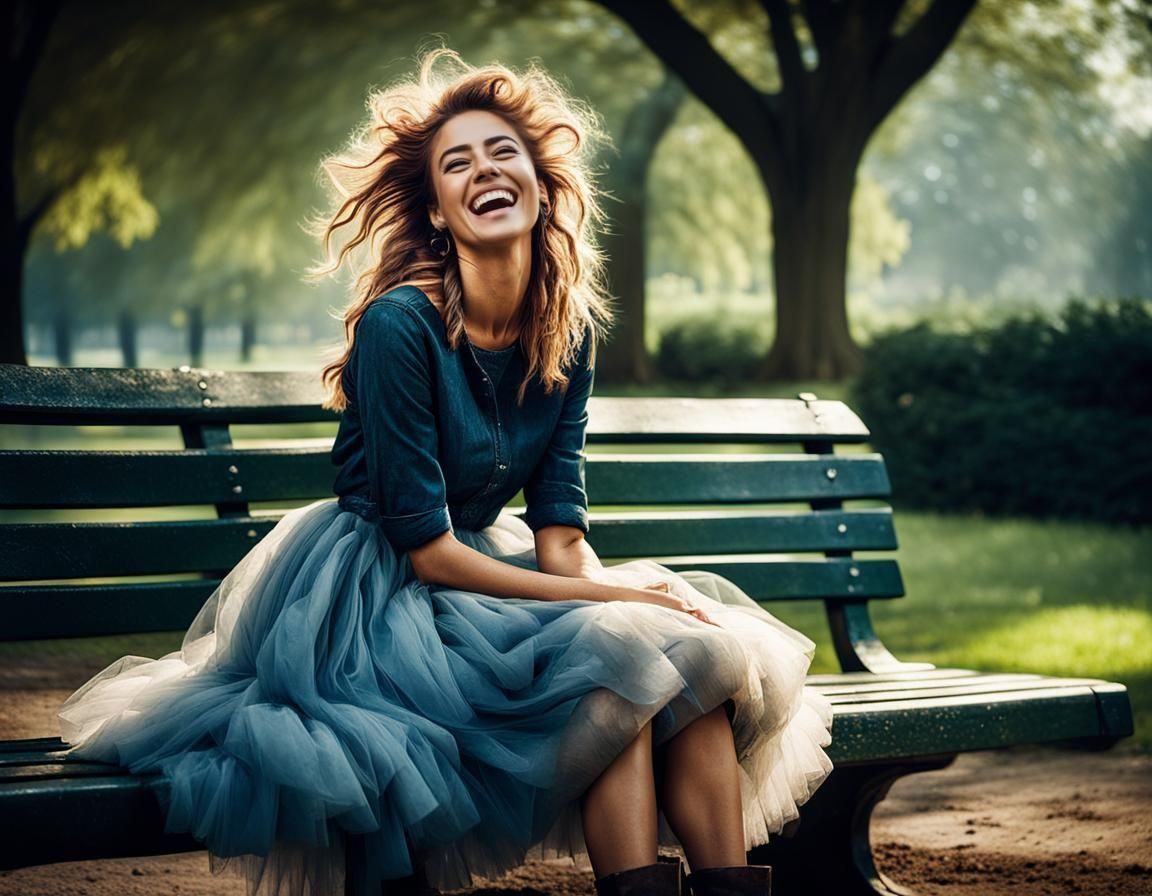 Laughing Woman in Tulle Dress, Cinematic Oil Painting
