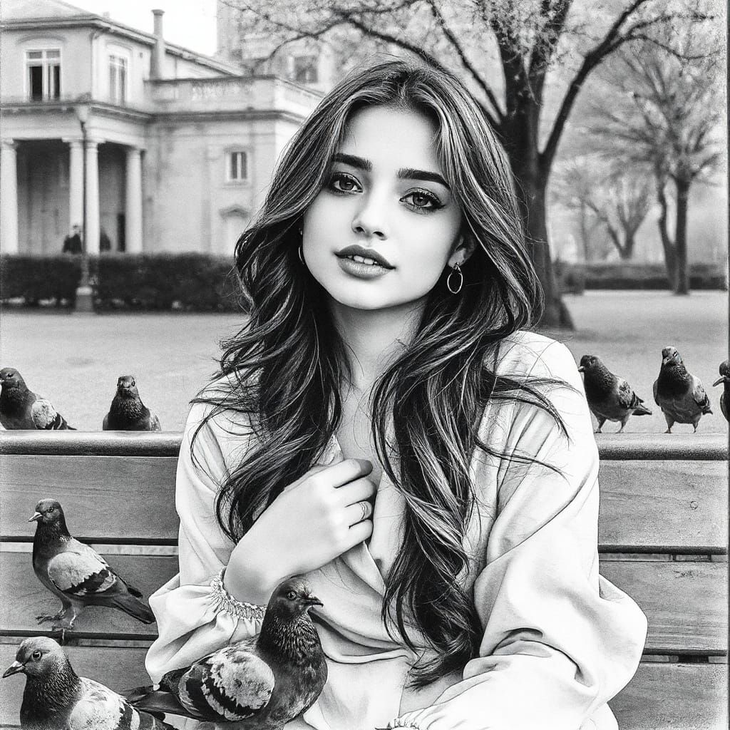 Serene Woman Surrounded by Pigeons in Dreamlike Scratchboard...