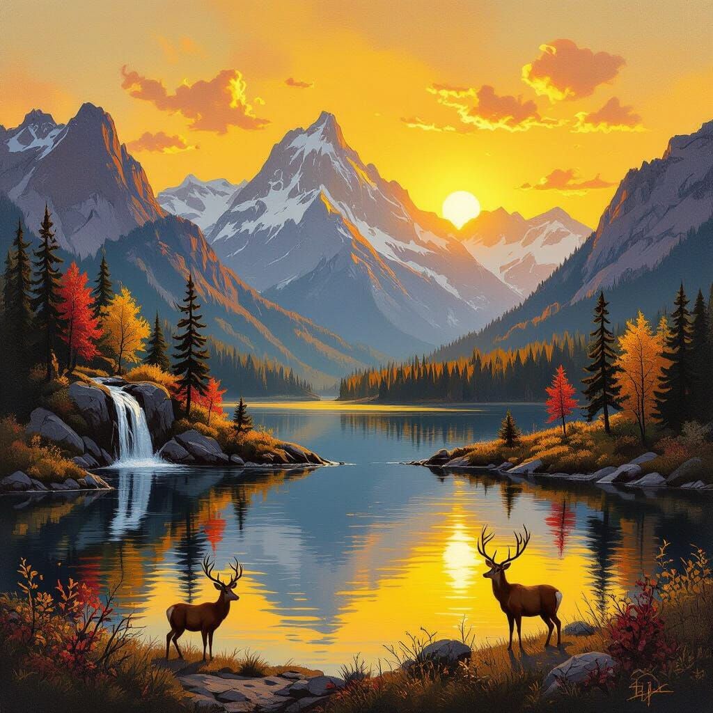 Golden Sunrise Over Sierra Nevada Mountains with Waterfall