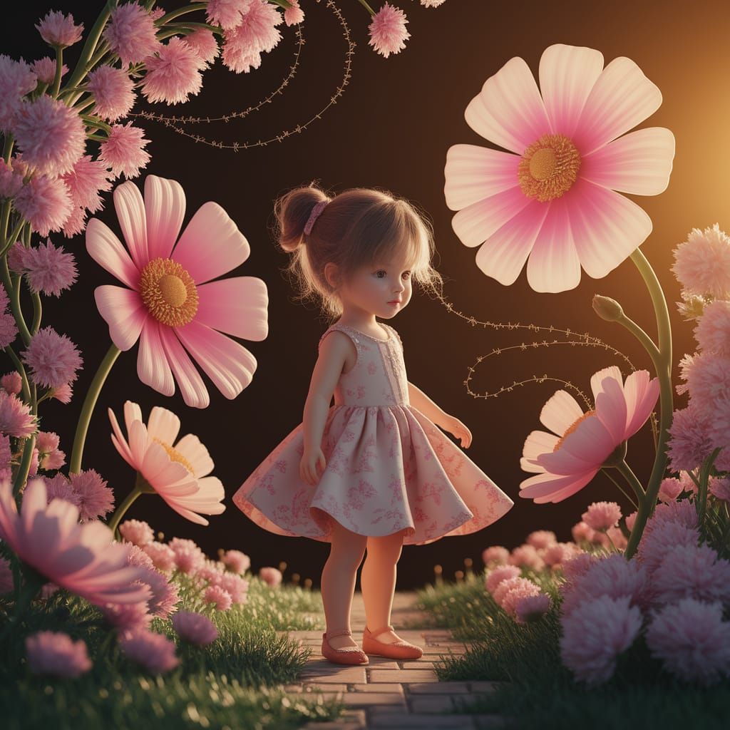 Little Girl Amidst Big Flowers: Watercolor Digital Art