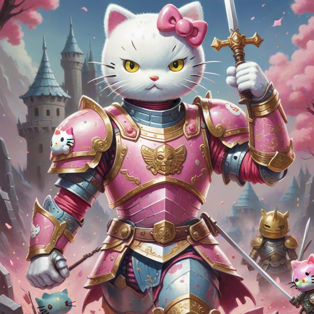 Hello Kitty Battles Monster in Gouache Painting