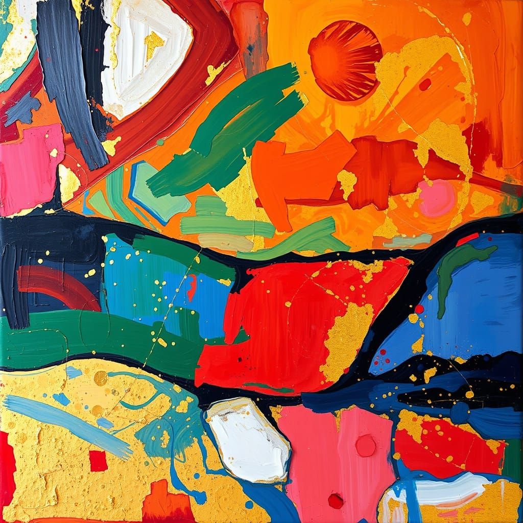 Expressive Oil Paint with Gold Accents in Dynamic Impasto St...
