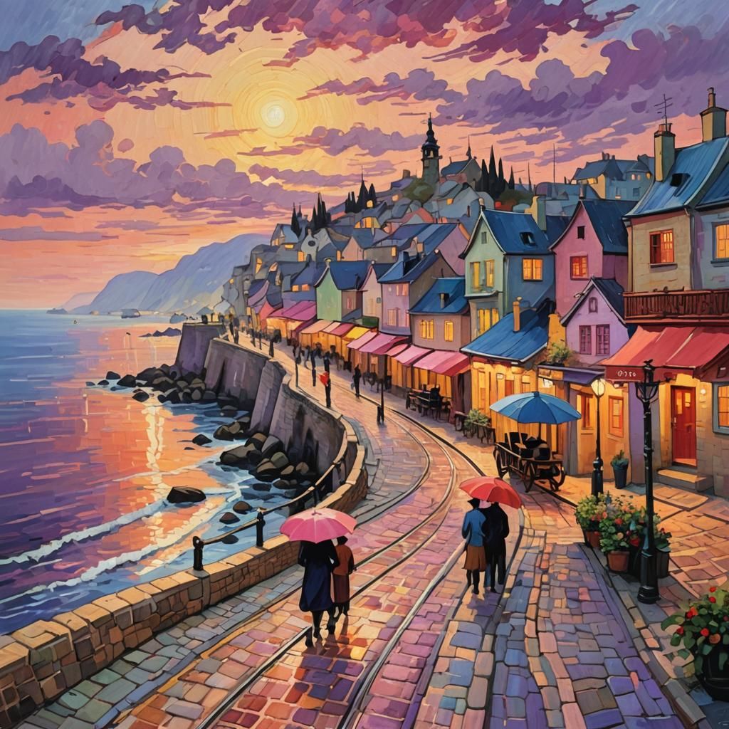 Coastal Town Sunset: A Van Gogh-Style Painting
