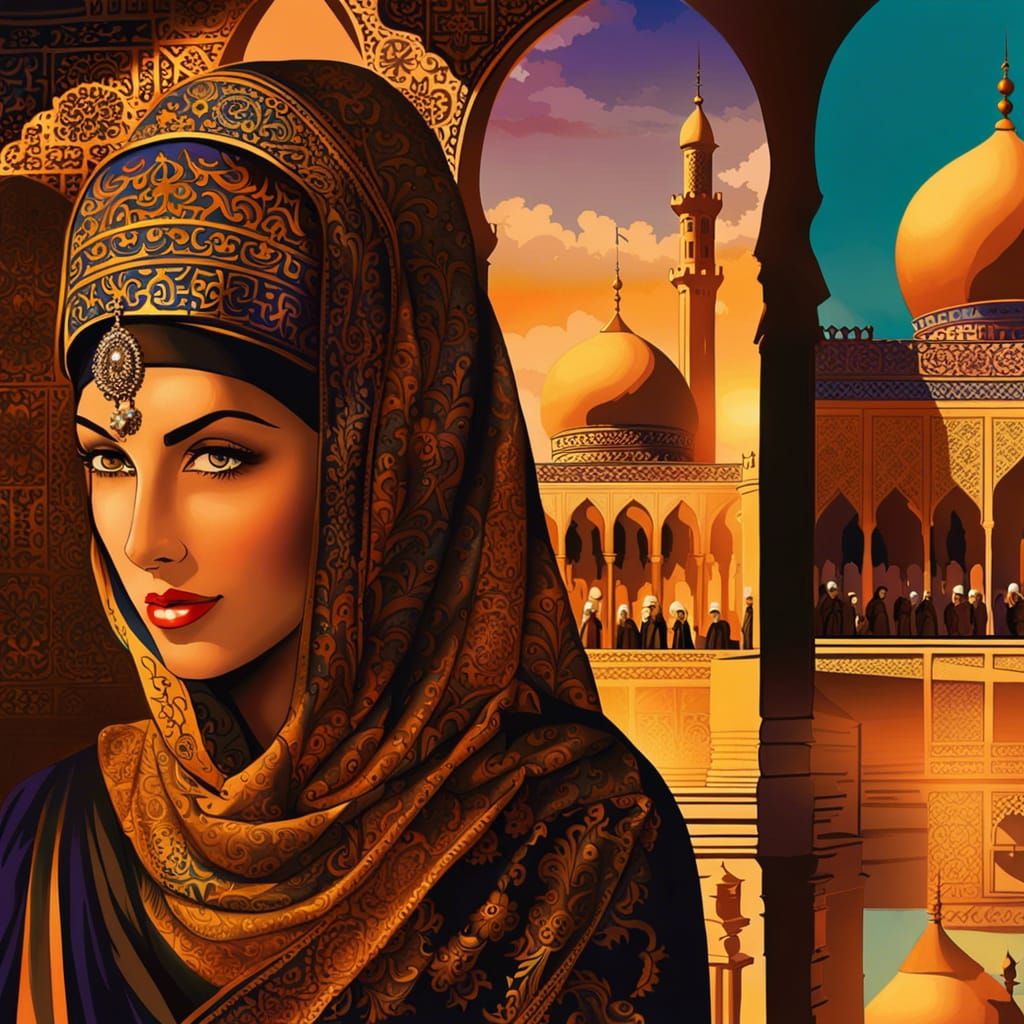 Mosque, Woman and Classic Car in Mixed Media Style