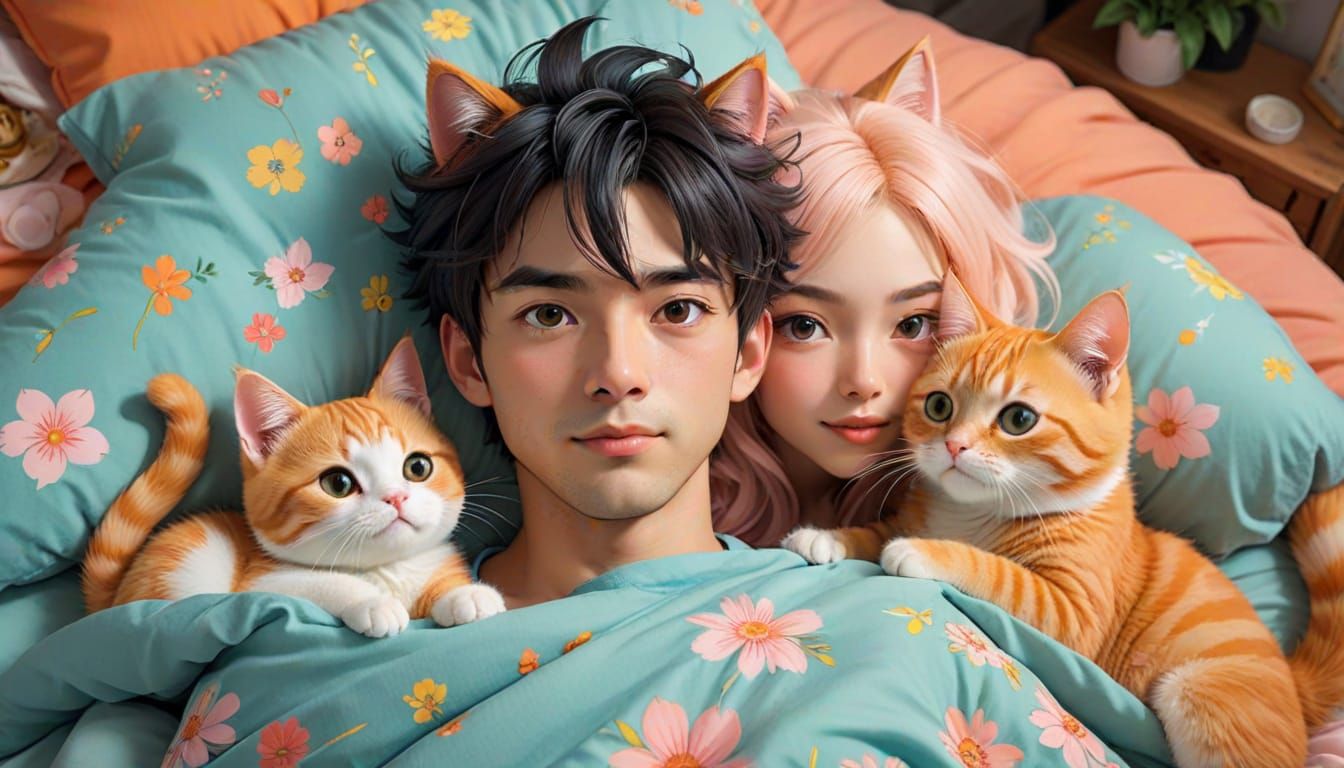 Cozy Anime Scene with Cats and a Lovable Couple