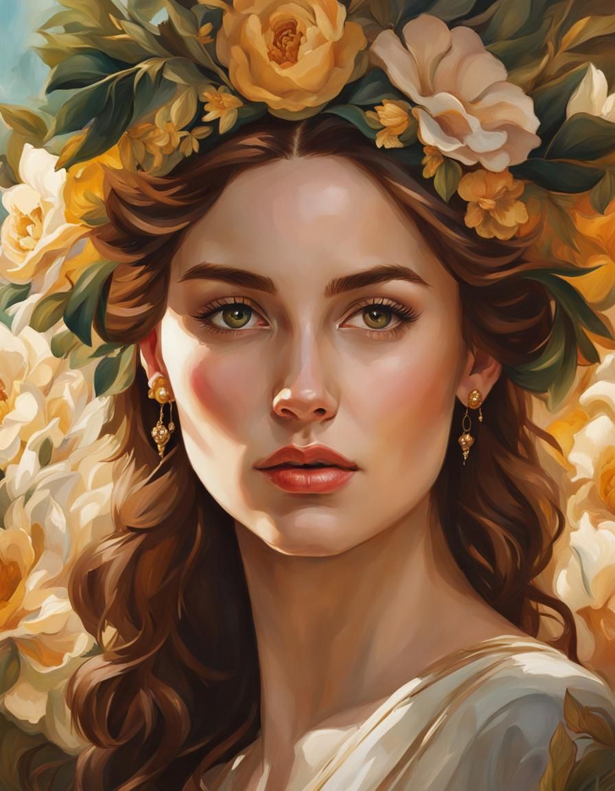 Realistic Portrait of a Young Woman with Floral Elements