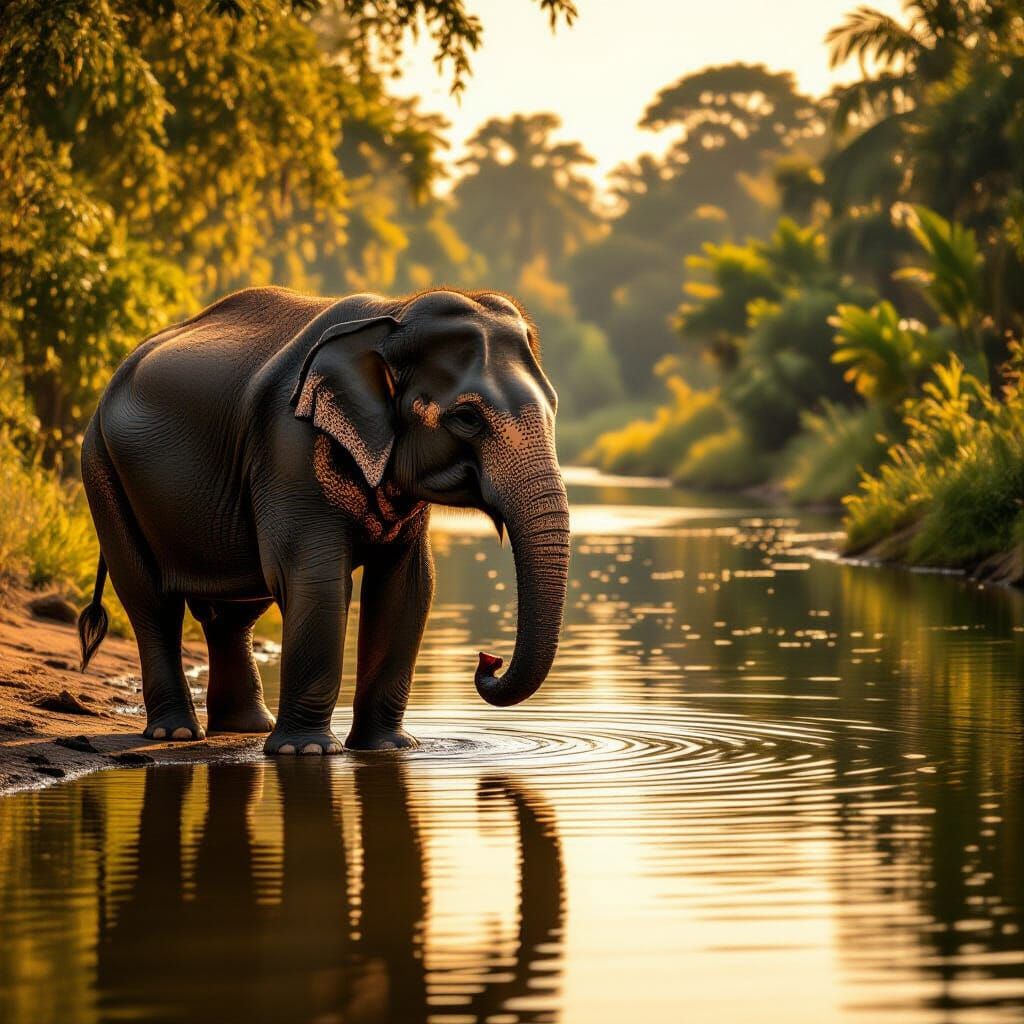 Majestic Elephant with Tribal Markings by Sunlit River
