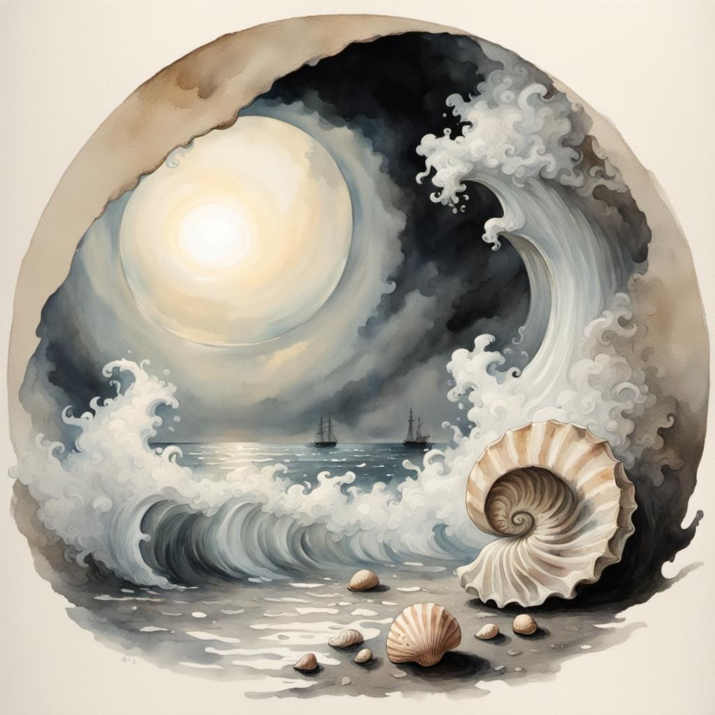 Watercolor Seashell with Cream Circle and Smoky Background