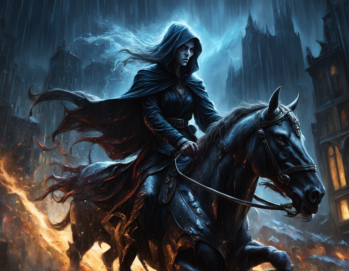 Grim Reaper Woman Rides Demonic Warhorse in Dark Fantasy Sce...