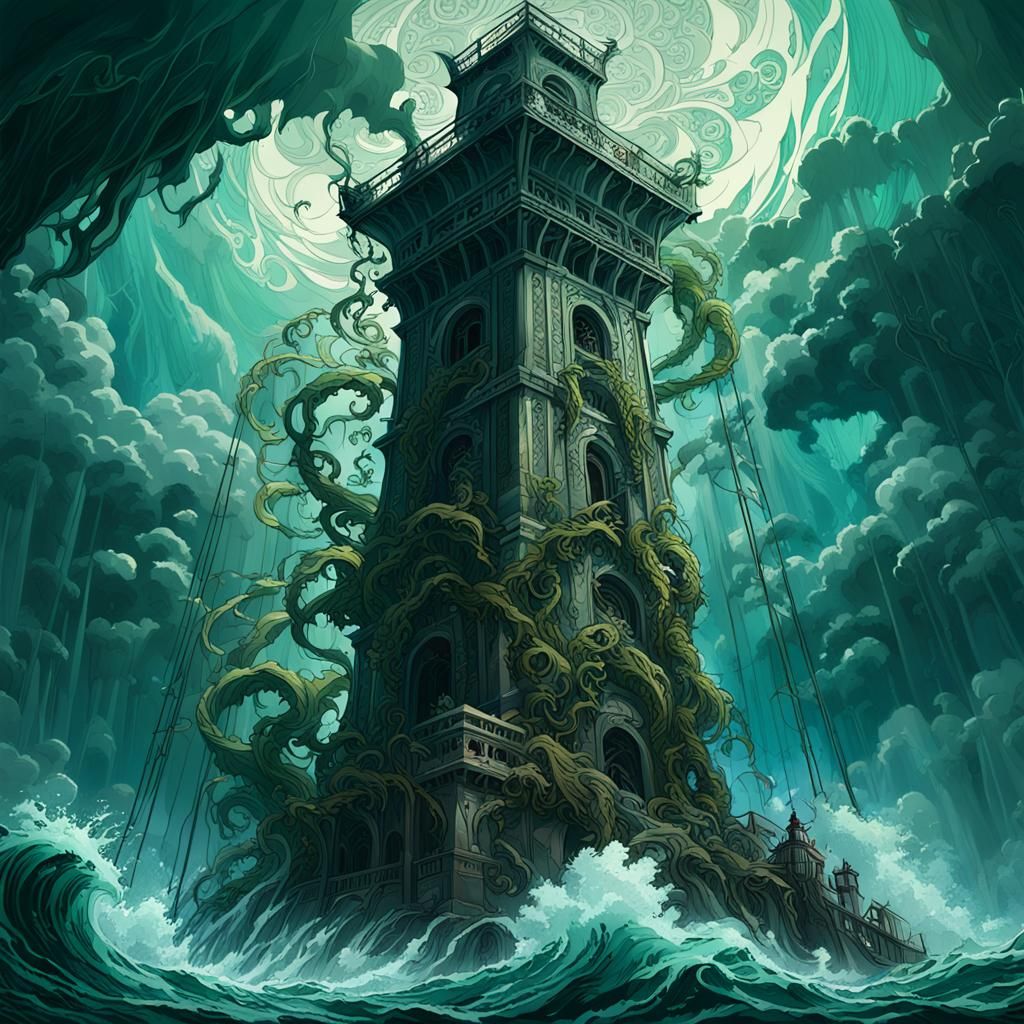 Poseidon in Dark Fantasy Art Nouveau Storm