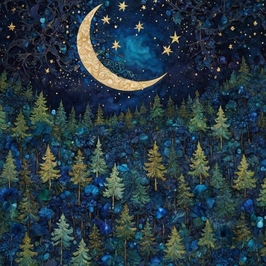 Alcohol Ink Forest Under Indigo Twilight