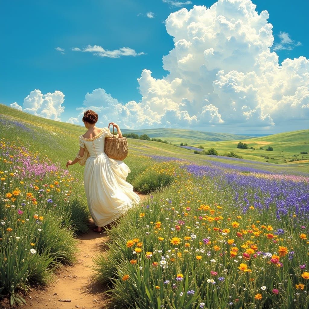Joyful Woman in 18th Century Dress on Wildflower Hill