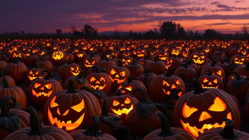 Pumpkin Patch Jack-O'-Lanterns in Dark Fantasy Style