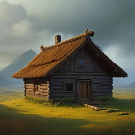 Fantasy Wooden House in Steppe Landscape