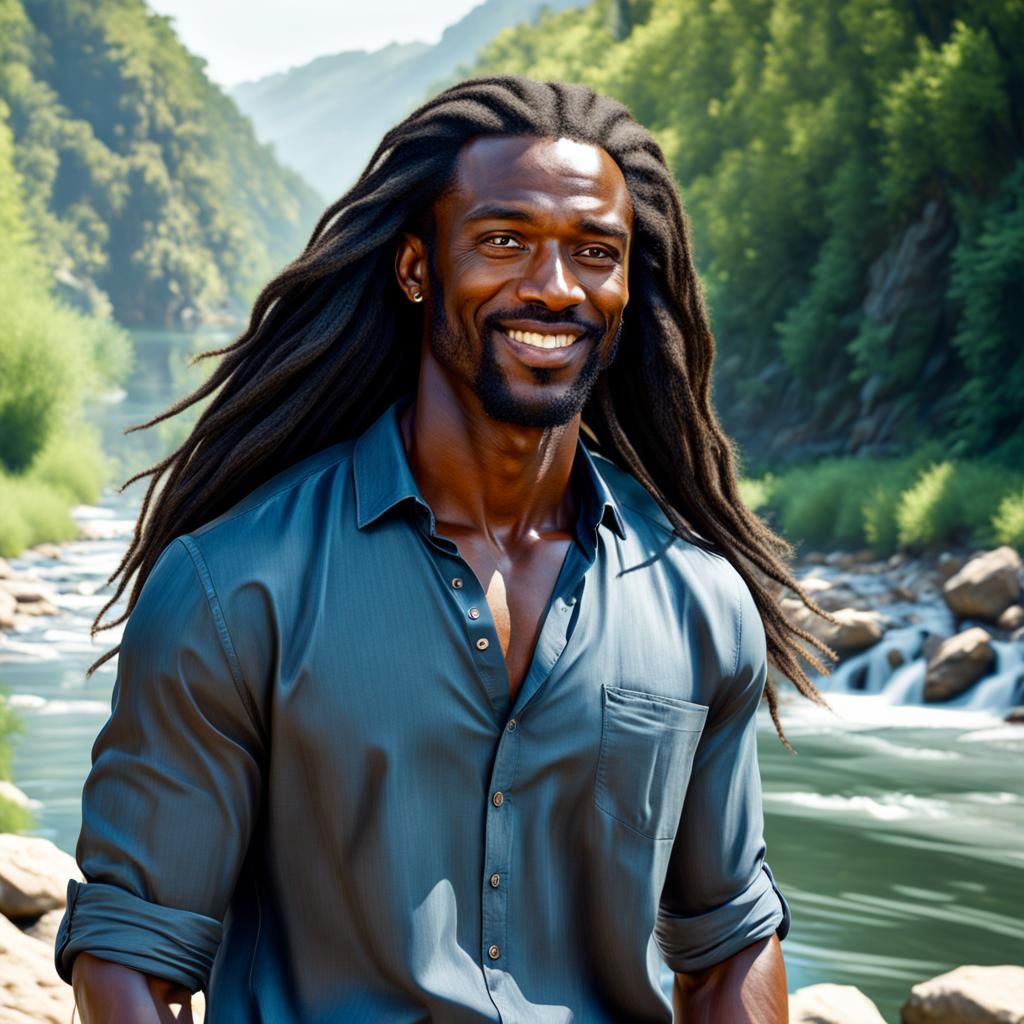 Attractive Black Man with Long Hair in Nature