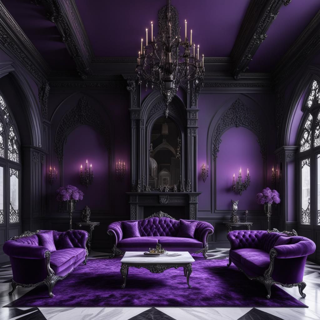 Luxurious Gothic living room with purple walls and black acc...