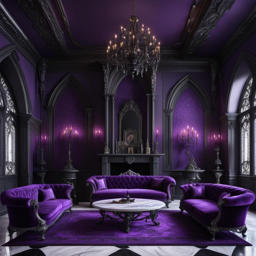 Luxurious Gothic living room with purple walls and black accents& purple gothic victorian sofa and Silver Gothic tables&...