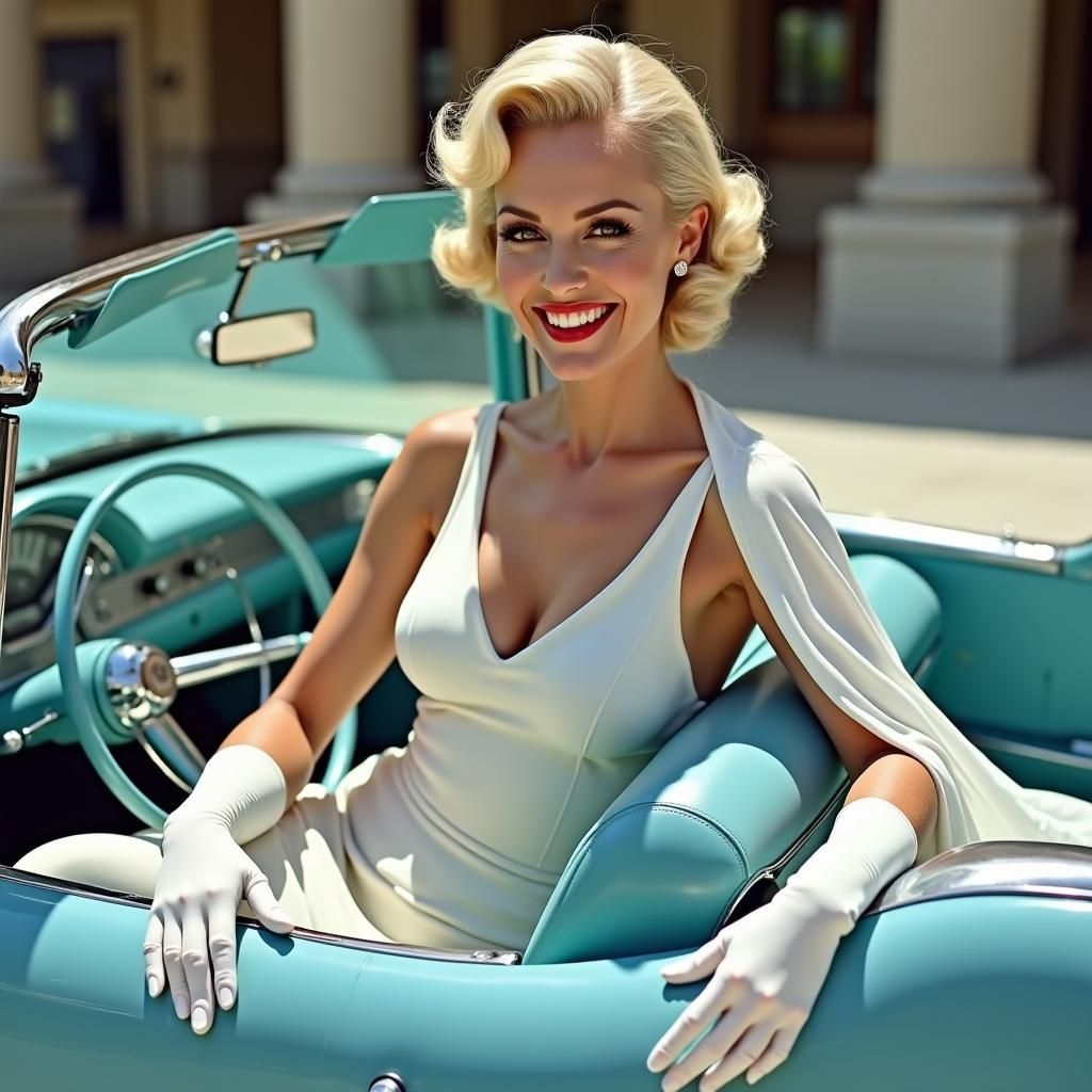 Retro Hollywood Glamour Portrait in Soft Pastel Blue