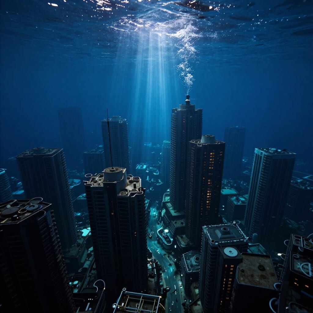 Surreal Midnight Blue Underwater City Illuminated By Light B...