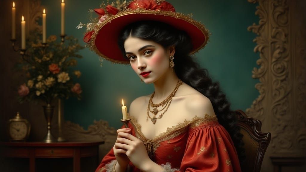 Rococo Colombian Beauty in Red Hat, Lavish 16th-Century Sett...