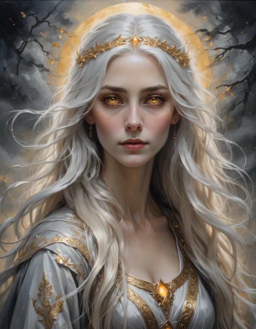 Mystic Woman with Golden Eyes: Ethereal Oil Painting