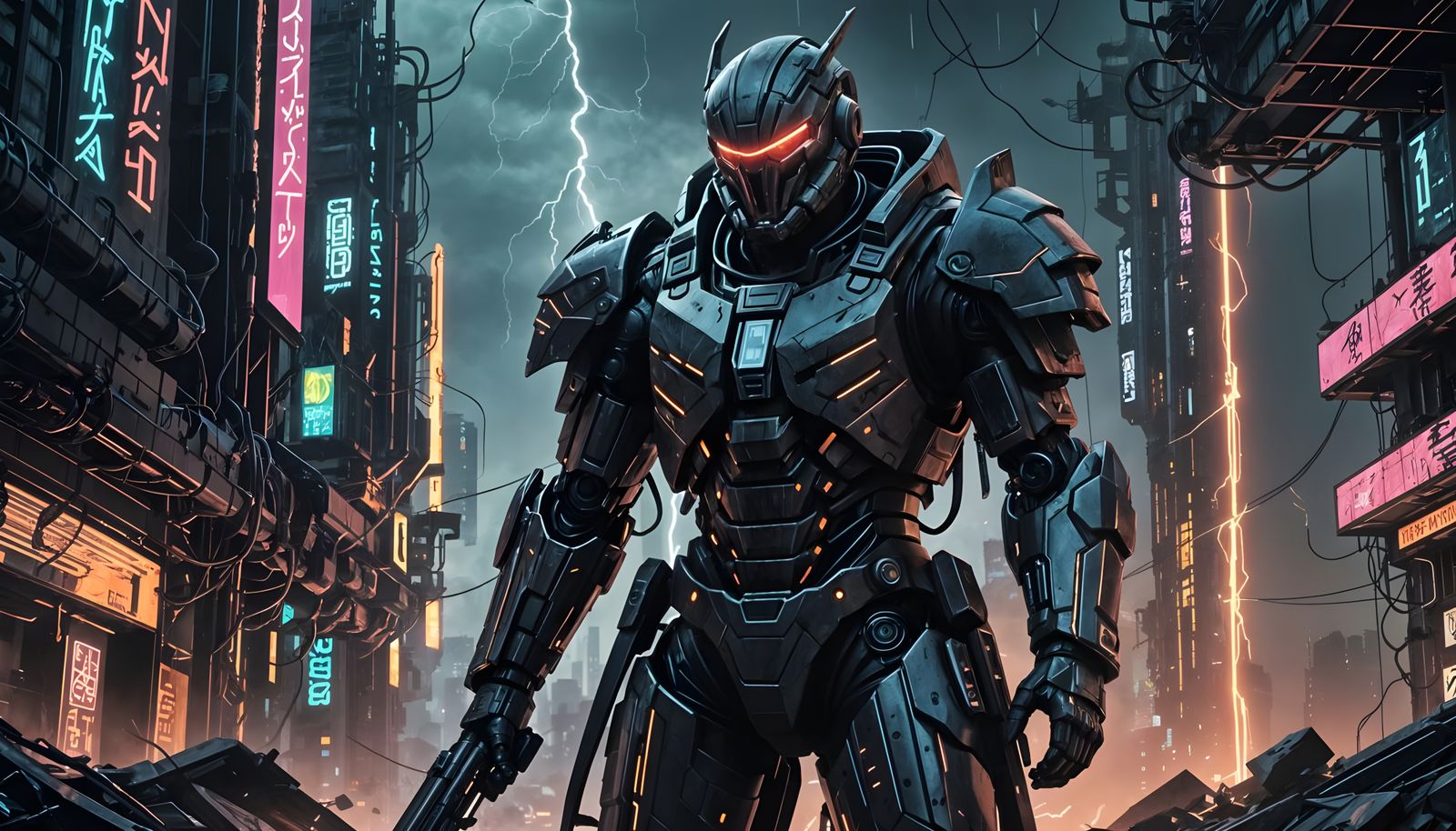 Futuristic Villain in Dystopian Cyberpunk Cityscape