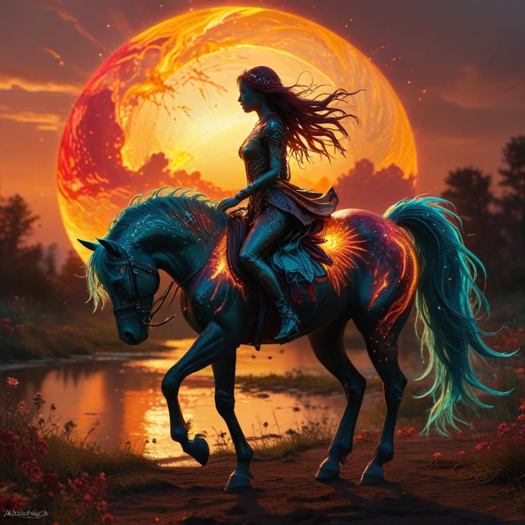 Cyber Fairycore Princess Rides Her Sparkling Pony at Sunset