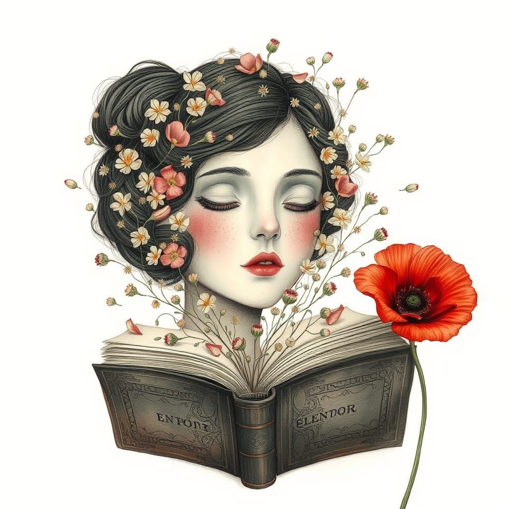 Floral Portrait Bursting from Book in Dreamy Style