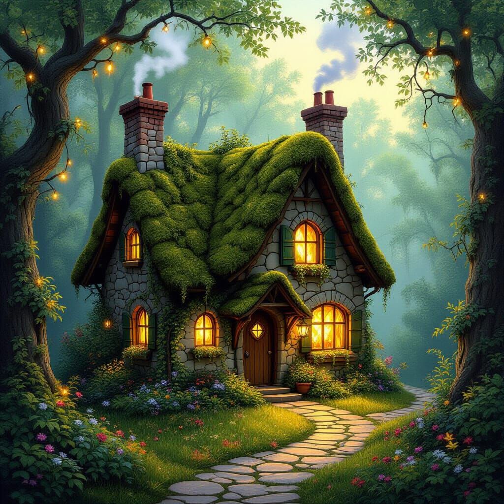 Enchanted Cottage in Forest, Hyperrealistic Style