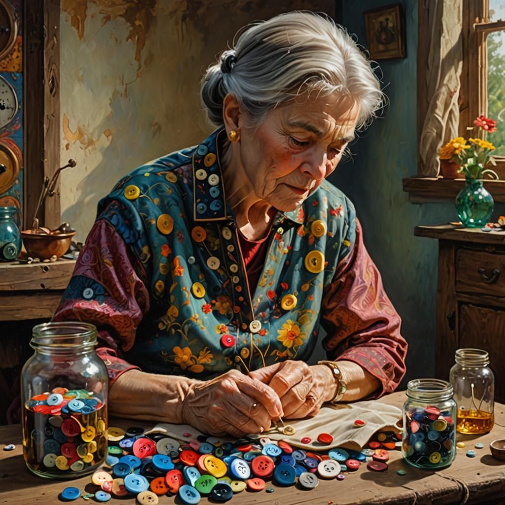 Hyperrealistic Oil Painting of Seamstress with Buttons
