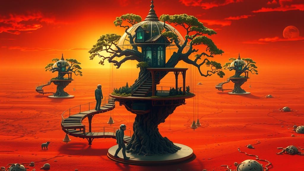 Ethereal Victorian Treehouse on a Barren, Crimson Planet