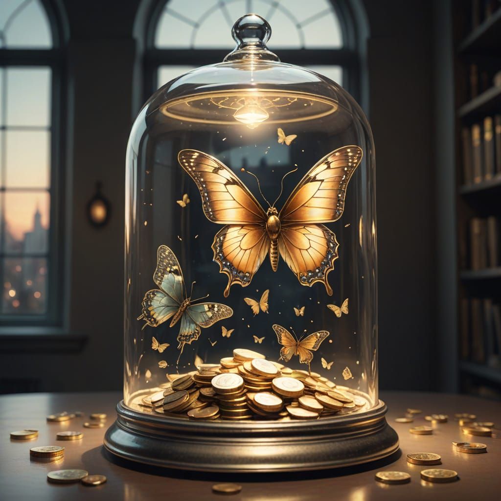 Butterfly with Currency Wings Inside a Bell Jar