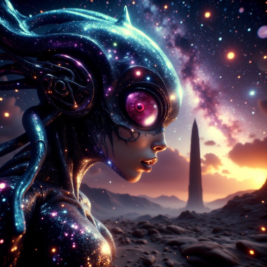 Female Alien on Distant Planet Viewing Galaxy