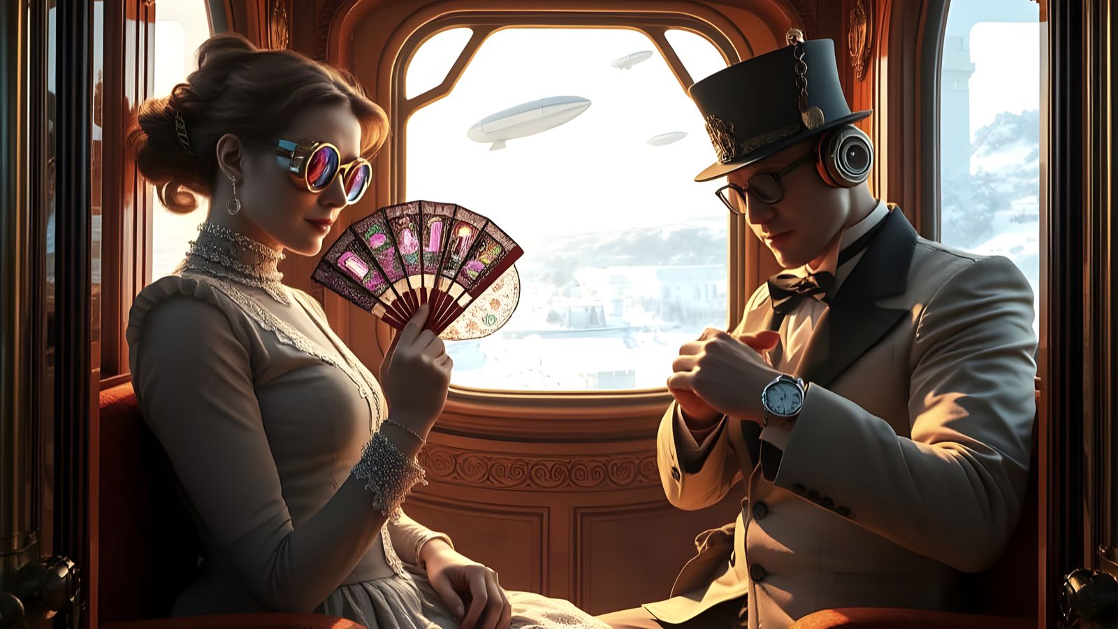 Steampunk Victorian Couple in Clockwork Elevator