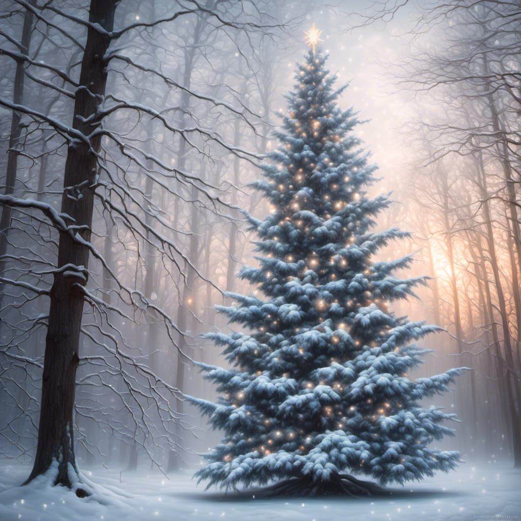 Bright White Christmas Tree in Snowy Forest