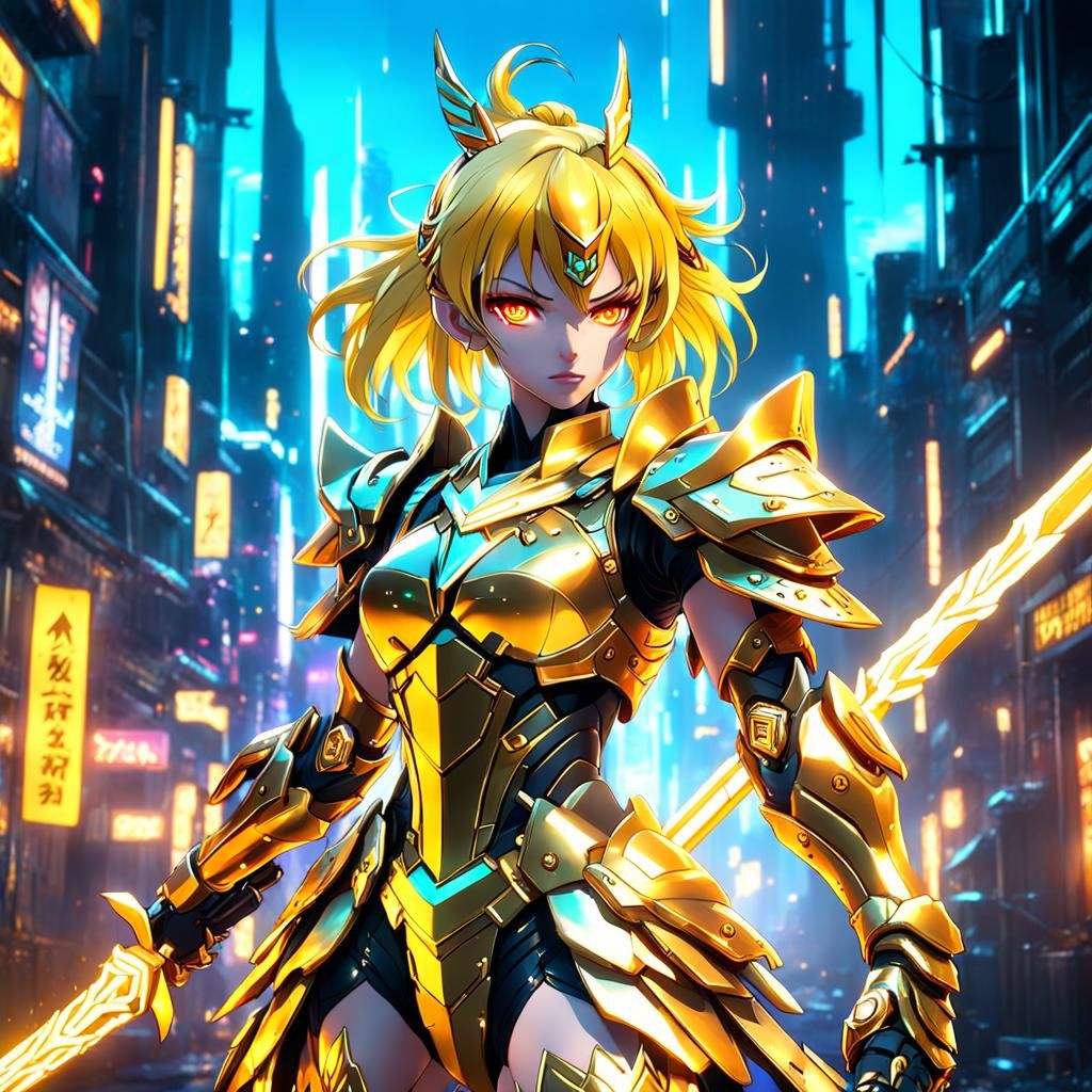 Neon Gold Warrior Anime Girl in Detailed Painting